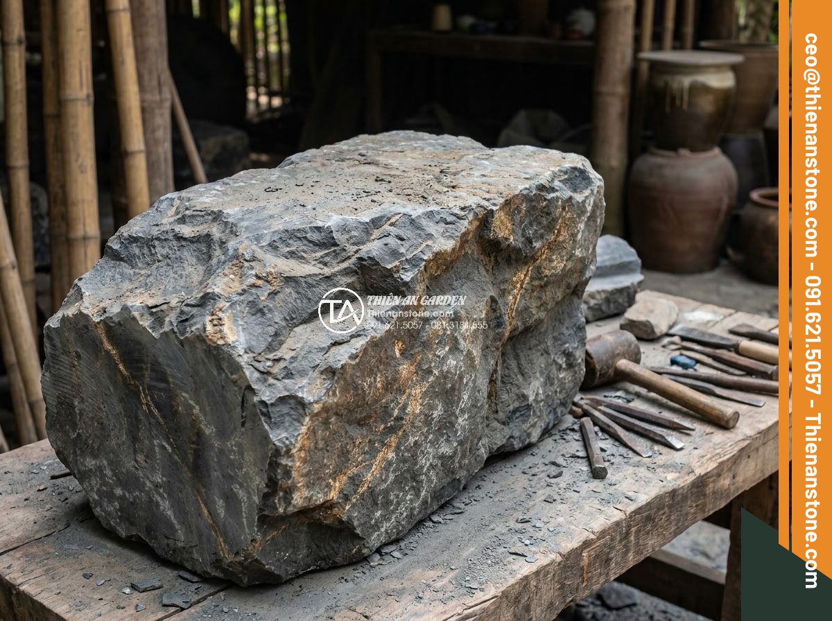 Quy Trình Chế Tác Đá Non Bộ Nguyên Khối Tại Xưởng Điêu Khắc - Artisan team performing preliminary shaping on large stone block for natural non