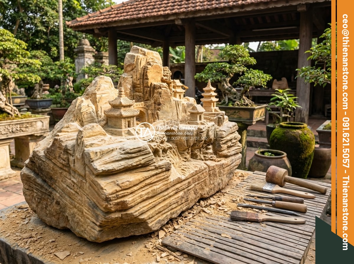 Quy Trình Chế Tác Đá Non Bộ Nguyên Khối Tại Xưởng Điêu Khắc - Master artisan meticulously hand-carving intricate details on a monolithic stone