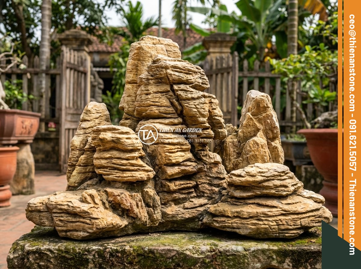 Quy Trình Chế Tác Đá Non Bộ Nguyên Khối Tại Xưởng Điêu Khắc - Finished detailed carving of natural stone non-bo with realistic rock formations