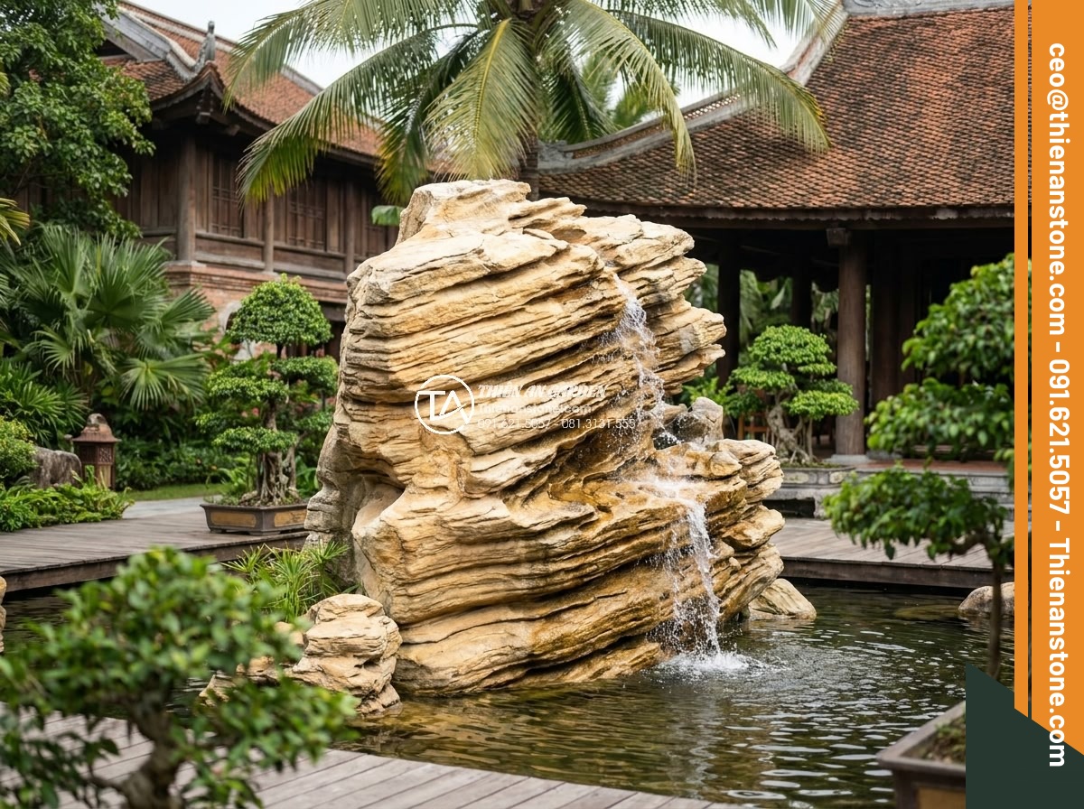 Quy Trình Chế Tác Đá Non Bộ Nguyên Khối Tại Xưởng Điêu Khắc - Luxury resort garden featuring large monolithic stone non-bo as centerpiece with