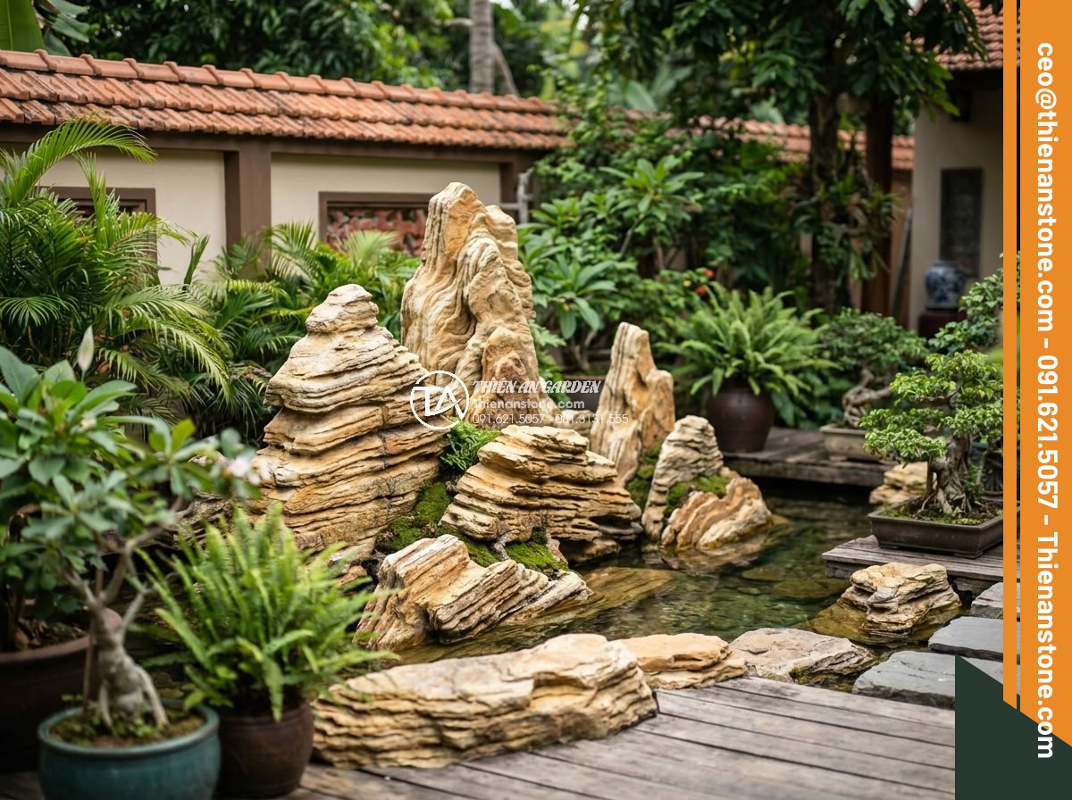 Quy Trình Chế Tác Đá Non Bộ Nguyên Khối Tại Xưởng Điêu Khắc - Private villa backyard with custom natural stone non-bo integrated into landscap