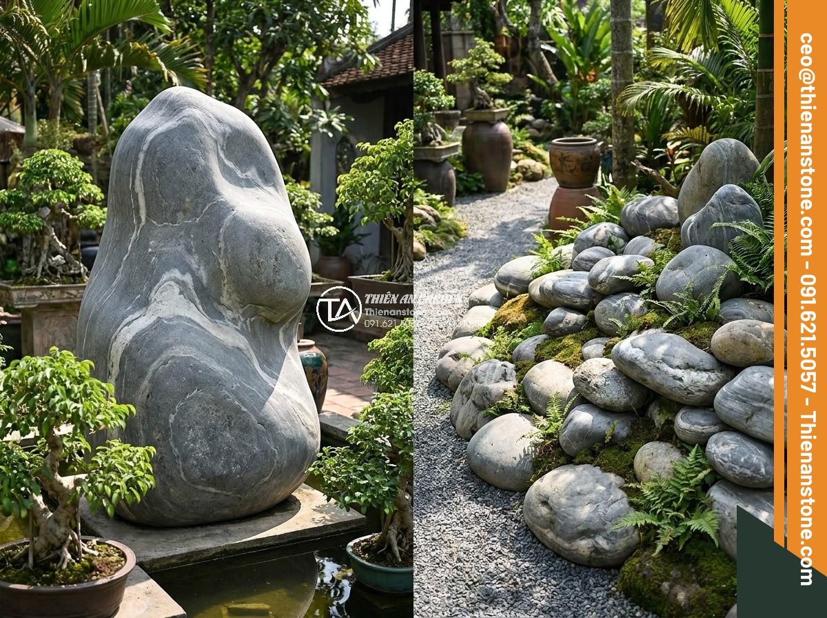 Quy Trình Chế Tác Đá Non Bộ Nguyên Khối Tại Xưởng Điêu Khắc - Side-by-side comparison of monolithic stone non-bo and pebble stone rockery in g