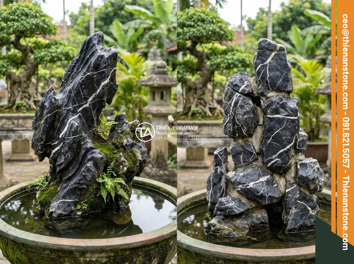 Quy Trình Chế Tác Đá Non Bộ Nguyên Khối Tại Xưởng Điêu Khắc - Comparison image showing monolithic natural stone non-bo versus assembled stone 