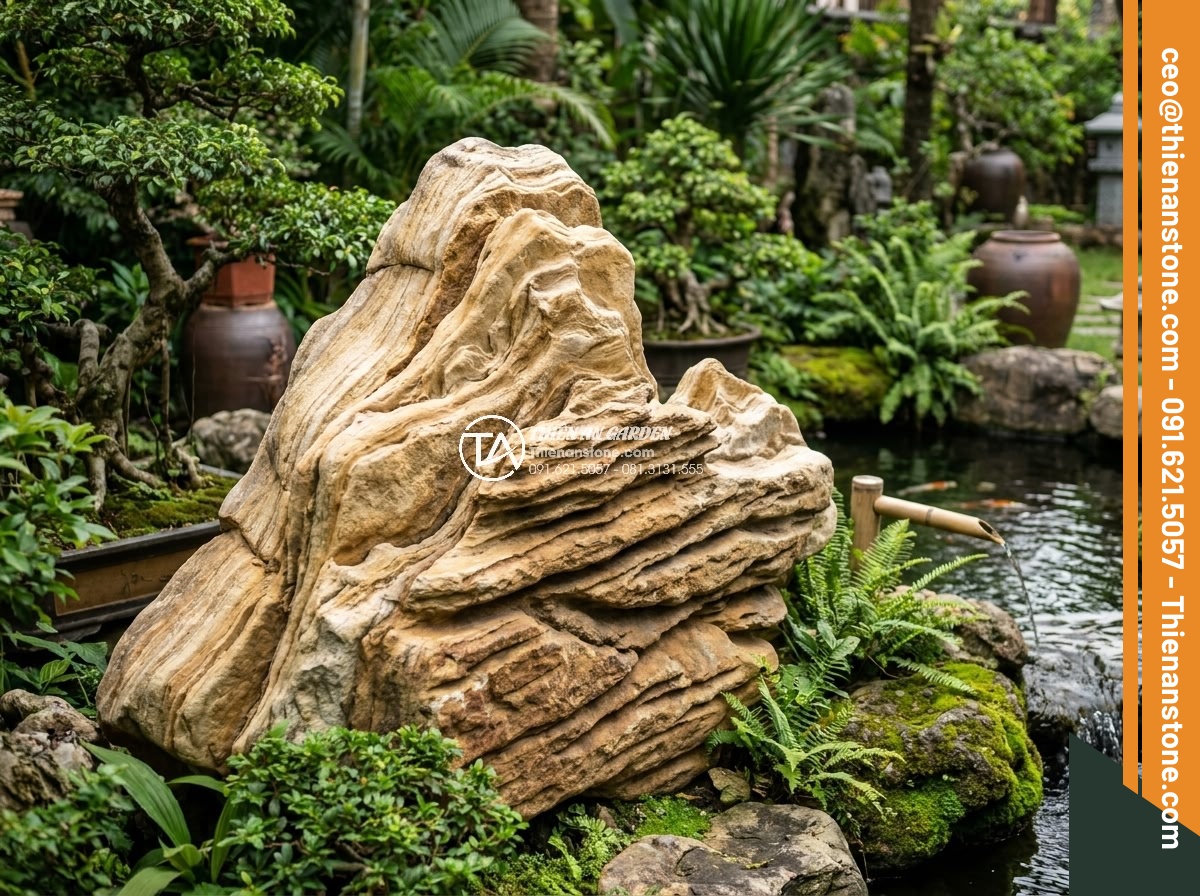 Quy Trình Chế Tác Đá Non Bộ Nguyên Khối Tại Xưởng Điêu Khắc - Beautifully finished monolithic stone non-bo installed in a luxury garden settin