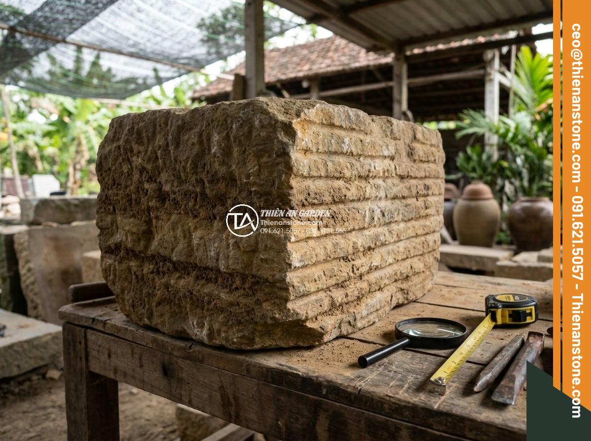 Quy Trình Chế Tác Đá Non Bộ Nguyên Khối Tại Xưởng Điêu Khắc - Expert examining raw monolithic stone block for cracks and natural patterns befo