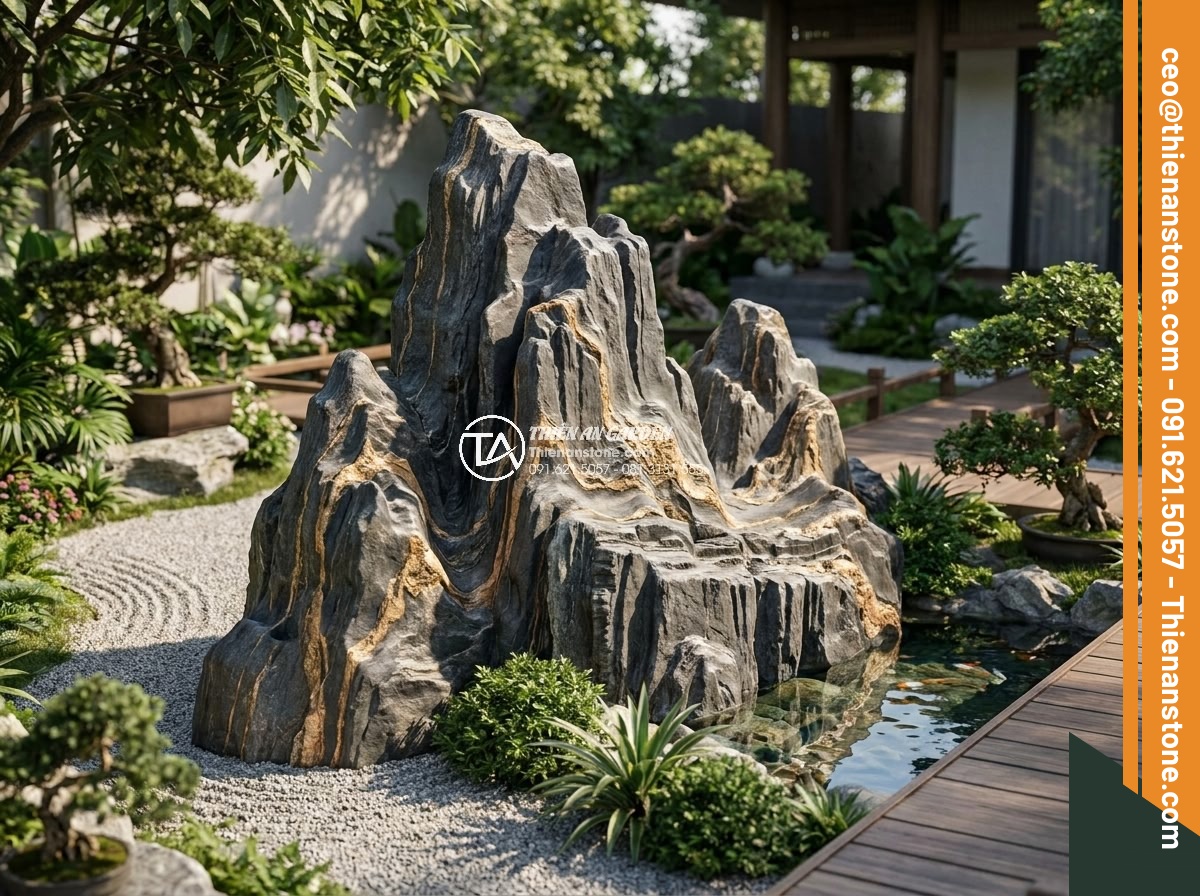 Quy Trình Chế Tác Đá Non Bộ Nguyên Khối Tại Xưởng Điêu Khắc - Architectural 3D rendering of a custom monolithic stone non-bo design for a luxu