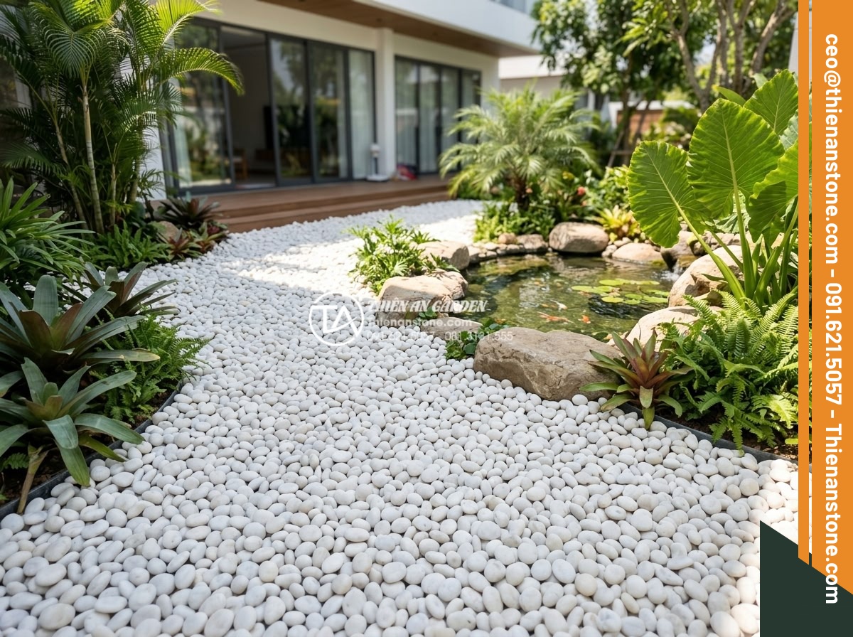Quy Trình Thi Công Sân Vườn Rải Sỏi Trọn Gói Từ A-Z - Hình 1 Quy Trình Thi Công Sân Vườn Rải Sỏi Trọn Gói Từ A-Z - A wide-angle view of a modern villa backyard featuring evenly spread white pebbl
