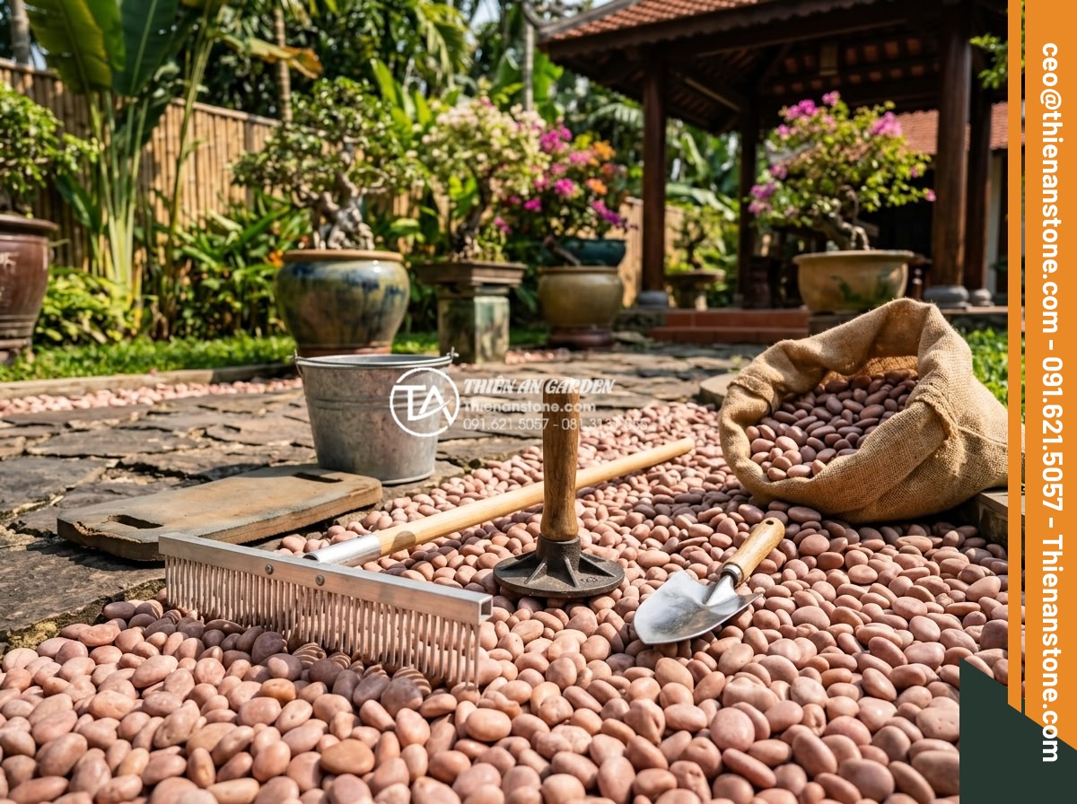 Quy Trình Thi Công Sân Vườn Rải Sỏi Trọn Gói Từ A-Z - Hình 12 Quy Trình Thi Công Sân Vườn Rải Sỏi Trọn Gói Từ A-Z - Professional tools and equipment used for precise pebble raking and leveling in