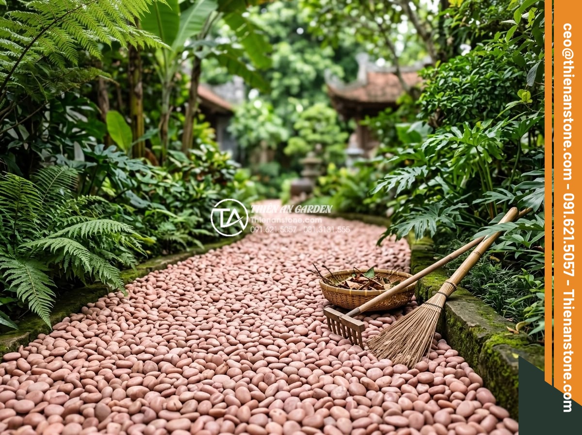Quy Trình Thi Công Sân Vườn Rải Sỏi Trọn Gói Từ A-Z - Hình 15 Quy Trình Thi Công Sân Vườn Rải Sỏi Trọn Gói Từ A-Z - Maintenance worker gently cleaning and raking pebbles in a well-maintained garde