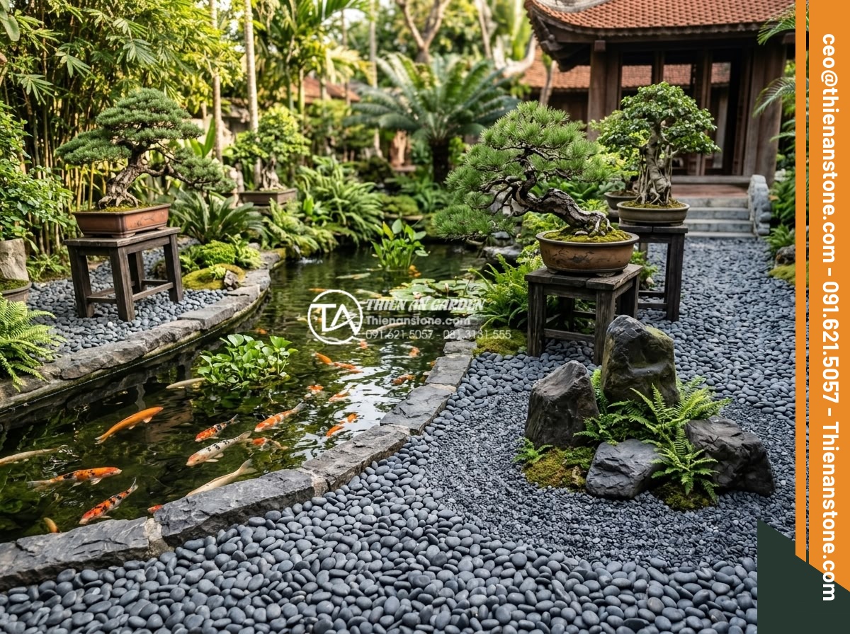 Quy Trình Thi Công Sân Vườn Rải Sỏi Trọn Gói Từ A-Z - Hình 18 Quy Trình Thi Công Sân Vườn Rải Sỏi Trọn Gói Từ A-Z - Resort-style pebble garden with koi pond, bonsai trees, and zen rock arrangement