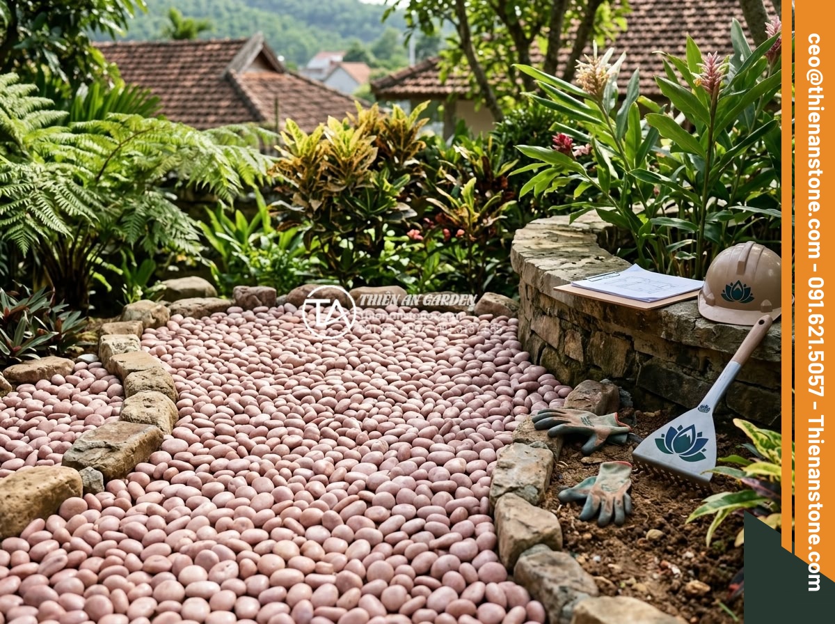 Quy Trình Thi Công Sân Vườn Rải Sỏi Trọn Gói Từ A-Z - Hình 19 Quy Trình Thi Công Sân Vườn Rải Sỏi Trọn Gói Từ A-Z - Professional team from Da Canh Thien An company working on a pebble garden proje