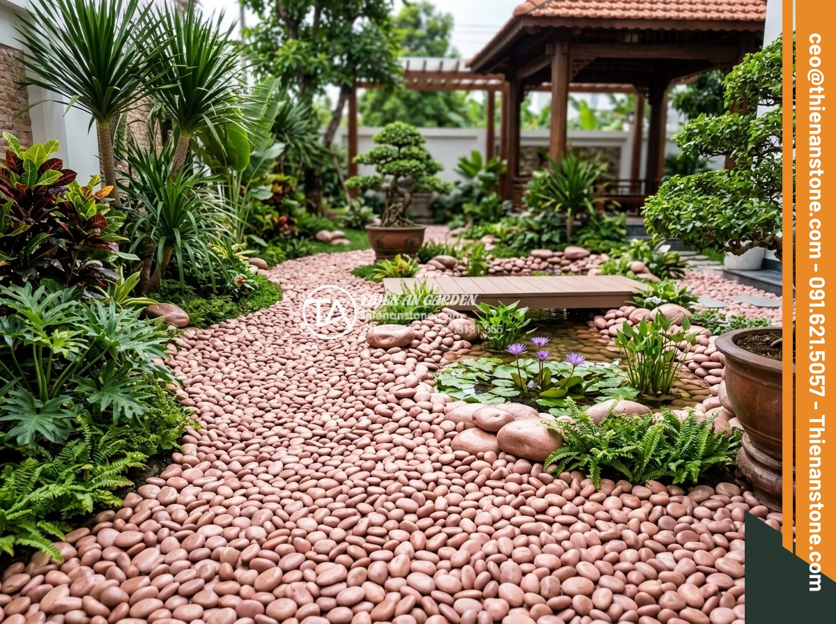 Quy Trình Thi Công Sân Vườn Rải Sỏi Trọn Gói Từ A-Z - Hình 20 Quy Trình Thi Công Sân Vườn Rải Sỏi Trọn Gói Từ A-Z - Completed high-end pebble garden project by Thien An Stone with happy clients an