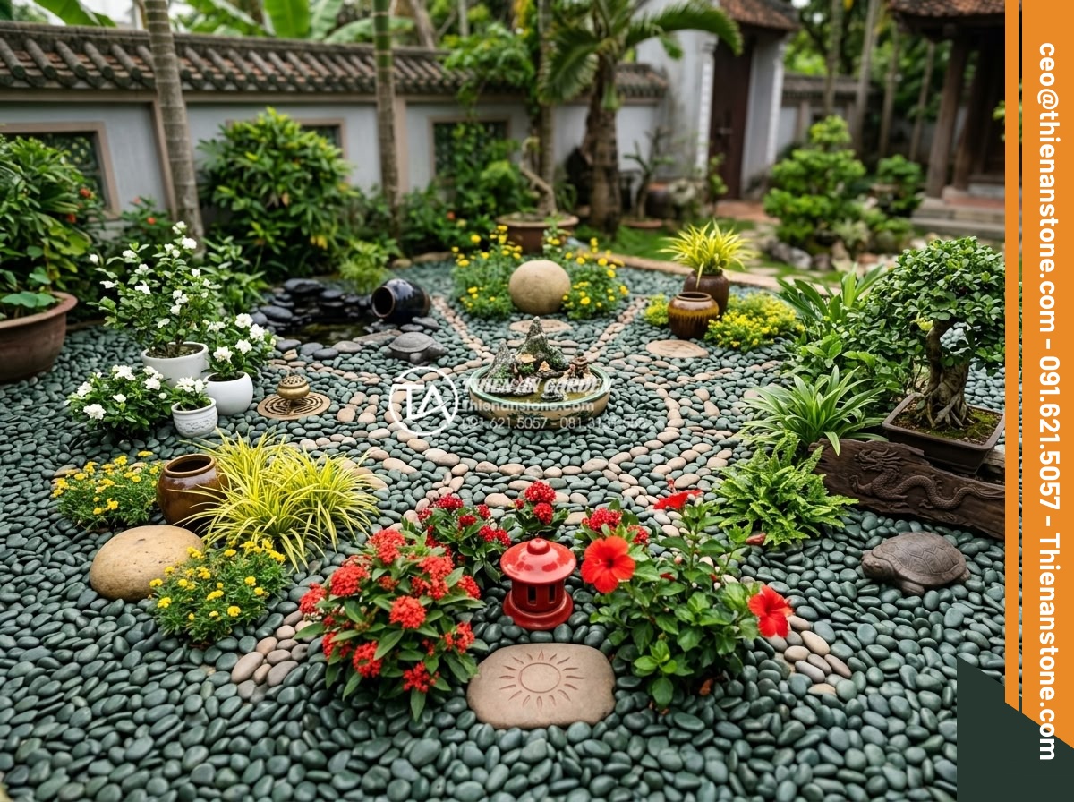 Quy Trình Thi Công Sân Vườn Rải Sỏi Trọn Gói Từ A-Z - Hình 5 Quy Trình Thi Công Sân Vườn Rải Sỏi Trọn Gói Từ A-Z - Feng shui inspired garden layout with color-coded pebbles arranged according to