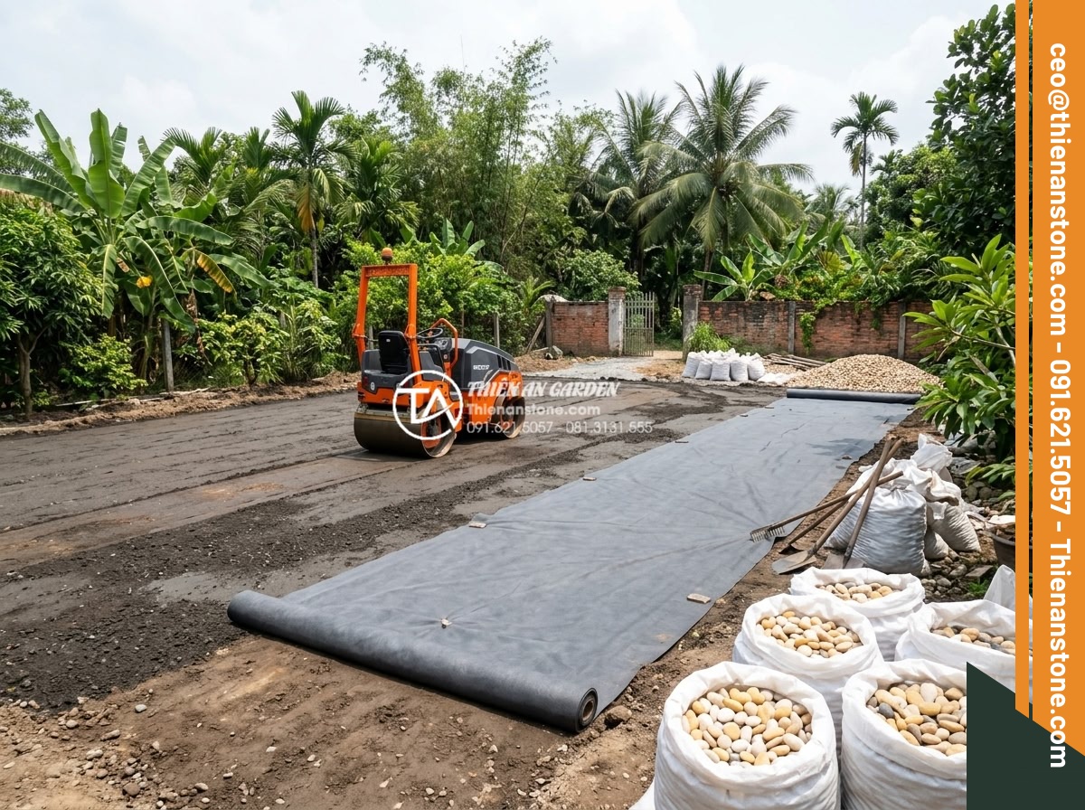 Quy Trình Thi Công Sân Vườn Rải Sỏi Trọn Gói Từ A-Z - Hình 9 Quy Trình Thi Công Sân Vườn Rải Sỏi Trọn Gói Từ A-Z - Construction workers laying geotextile fabric and compacting base layer with mac