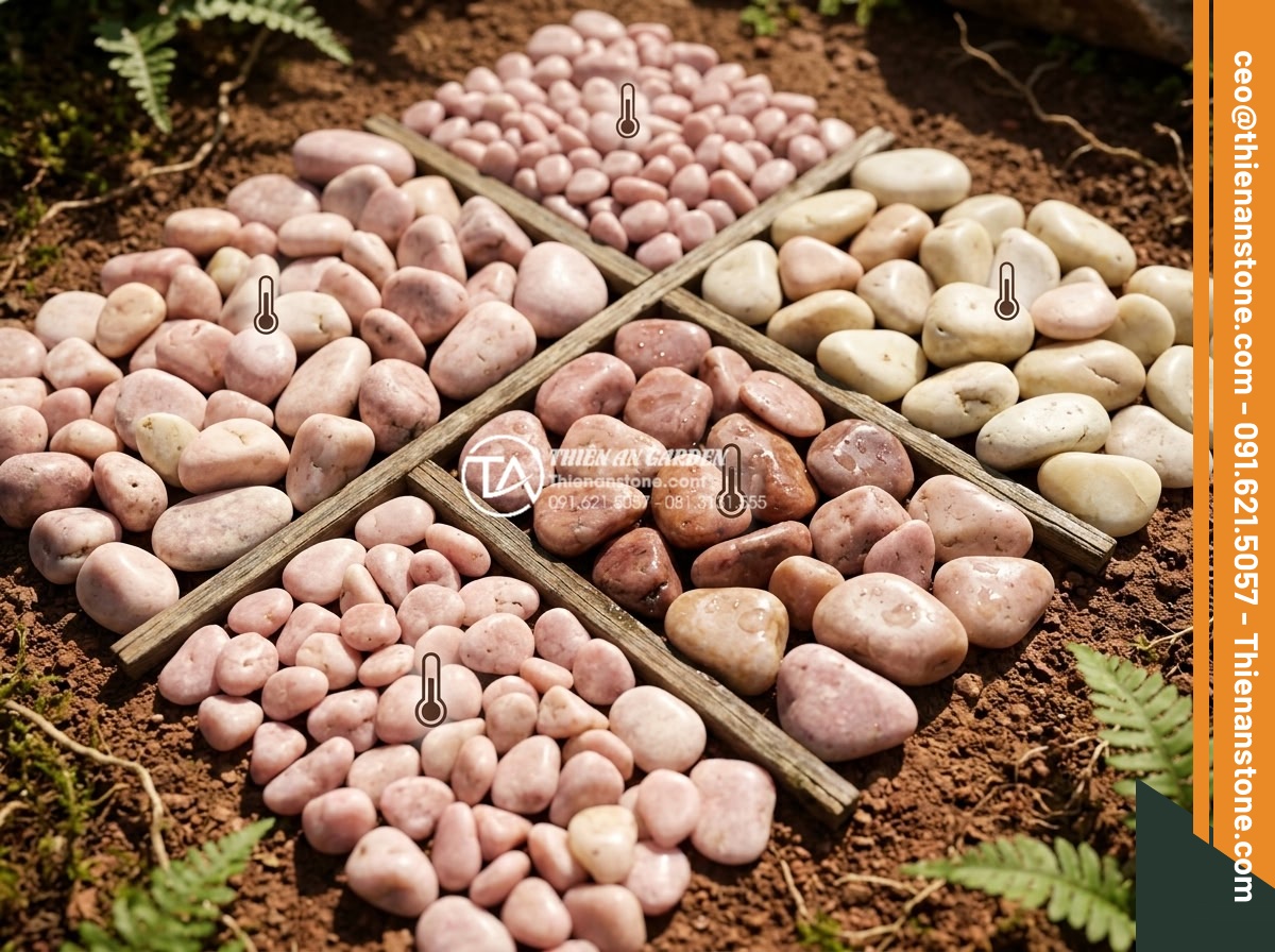Rải Sỏi Sân Vườn Có Làm Nóng Không Gian Không? Giải Đáp Từ Chuyên Gia - Hình 4 Rải Sỏi Sân Vườn Có Làm Nóng Không Gian Không? Giải Đáp Từ Chuyên Gia - Detailed close-up of various natural gravel colors and sizes arranged in labeled