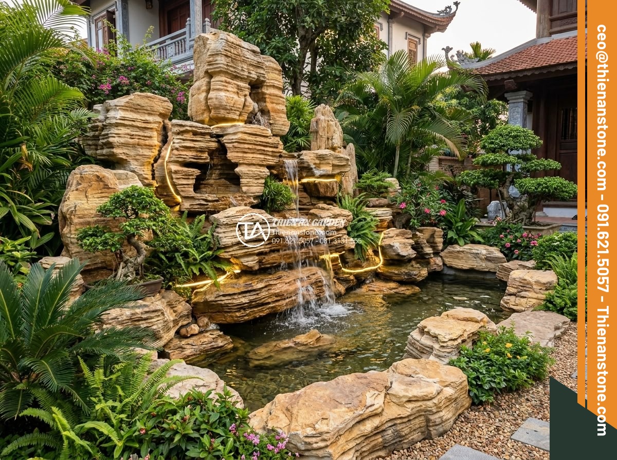 Review 15 Mẫu Đá Non Bộ Đẹp Nhất Cho Sân Vườn Biệt Thự - Hình 3 Review 15 Mẫu Đá Non Bộ Đẹp Nhất Cho Sân Vườn Biệt Thự - Luxurious villa garden featuring a large natural stone non-bo with cascading wat