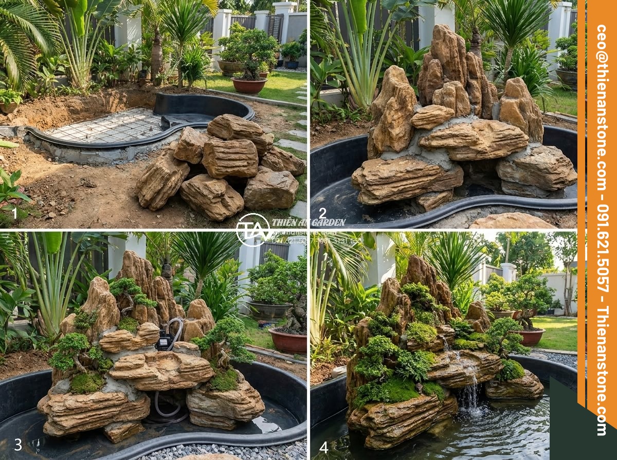Review 15 Mẫu Đá Non Bộ Đẹp Nhất Cho Sân Vườn Biệt Thự - Hình 9 Review 15 Mẫu Đá Non Bộ Đẹp Nhất Cho Sân Vườn Biệt Thự - Step-by-step professional construction process of arranging hòn non bộ đá in an