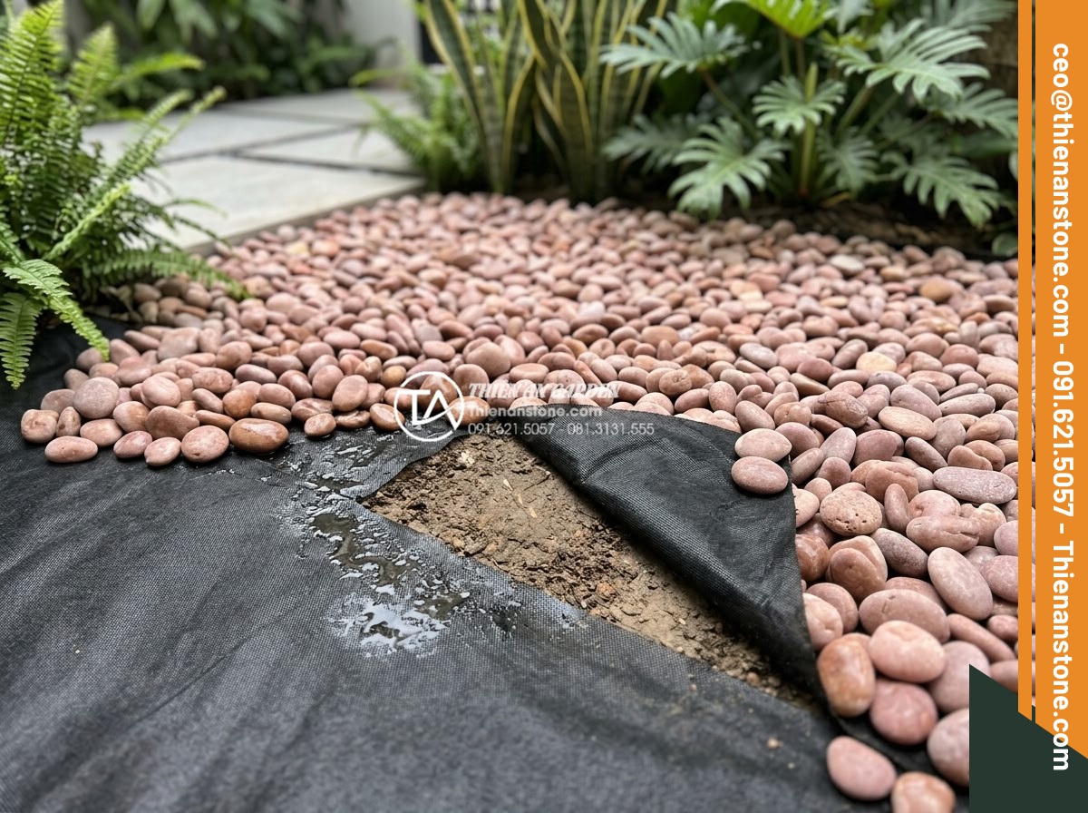Review Các Loại Lưới Chắn Cỏ Khi Thi Công Sỏi Sân Vườn - Close-up view of high-quality grass blocking net installed under a layer of deco