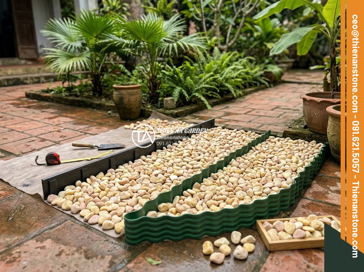 Review Các Loại Lưới Chắn Cỏ Khi Thi Công Sỏi Sân Vườn - Professional consultant examining different grass barrier products for suitabili