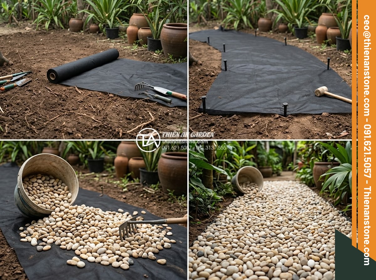 Review Các Loại Lưới Chắn Cỏ Khi Thi Công Sỏi Sân Vườn - Step-by-step instructional photo series of laying grass blocking net followed by