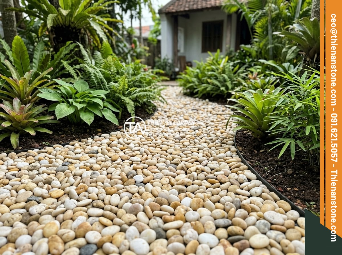 Review Các Loại Lưới Chắn Cỏ Khi Thi Công Sỏi Sân Vườn - Real customer project photos of pebble gardens after 2-3 years with effective gr