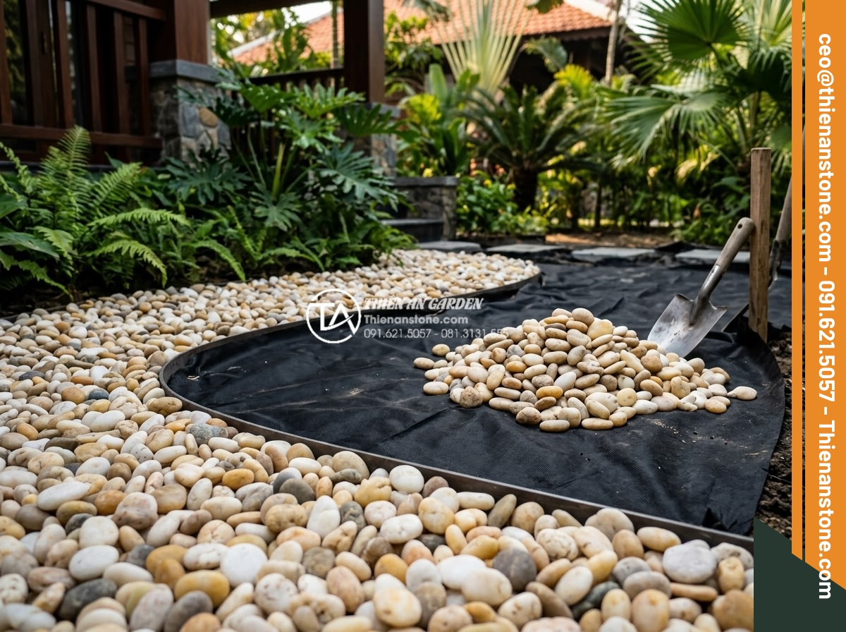 Review Các Loại Lưới Chắn Cỏ Khi Thi Công Sỏi Sân Vườn - Professional team from Da Canh Thien An installing grass blocking net and pebble