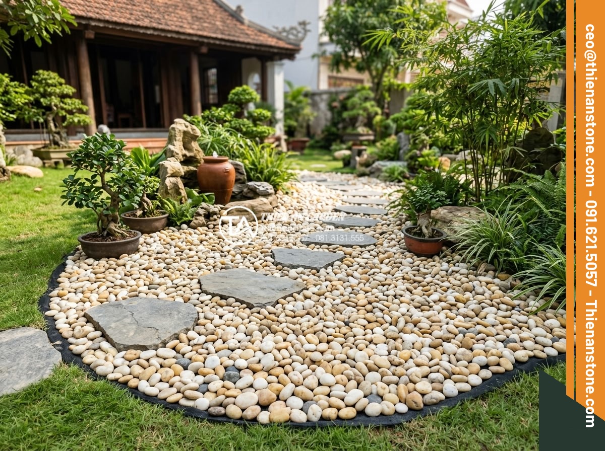 Review Các Loại Lưới Chắn Cỏ Khi Thi Công Sỏi Sân Vườn - Wide angle photograph of a completed pebble garden with grass blocking net visib