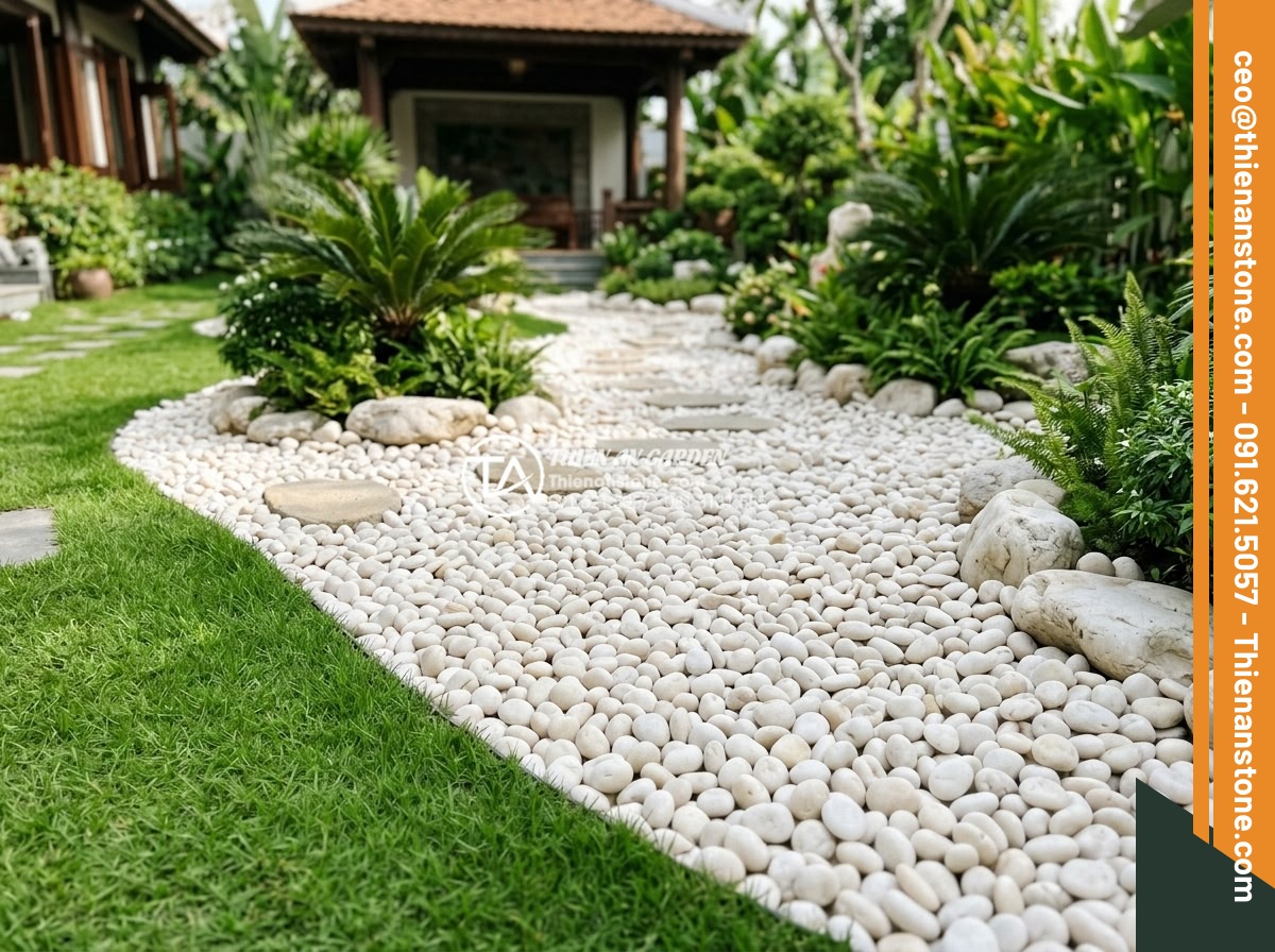Review Các Loại Lưới Chắn Cỏ Khi Thi Công Sỏi Sân Vườn - Completed high-end pebble garden project by Da Canh Thien An featuring perfect g