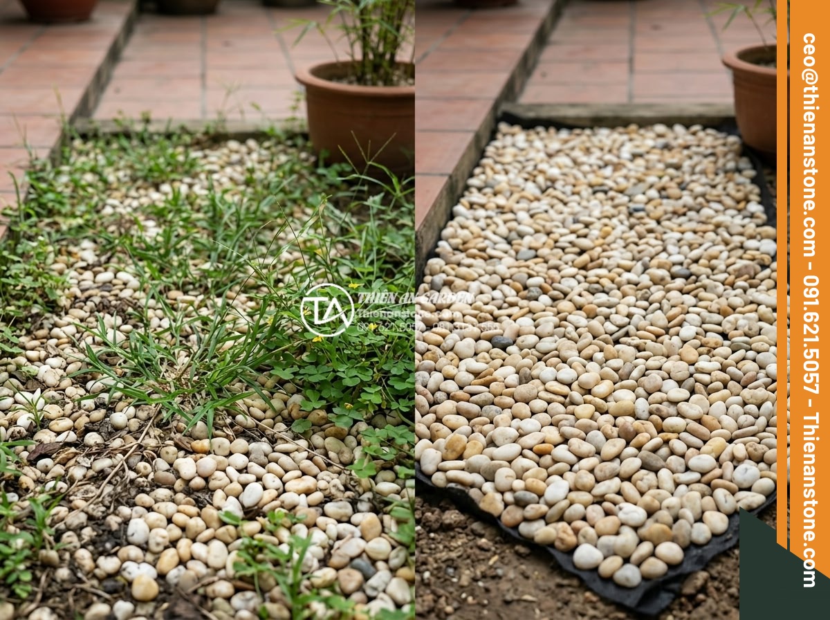 Review Các Loại Lưới Chắn Cỏ Khi Thi Công Sỏi Sân Vườn - Before and after comparison image showing a pebble garden without and with grass