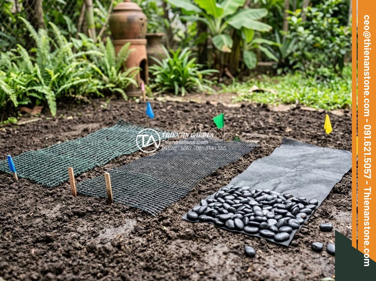 Review Các Loại Lưới Chắn Cỏ Khi Thi Công Sỏi Sân Vườn - Various samples of different grass blocking nets laid out on soil before pebble 