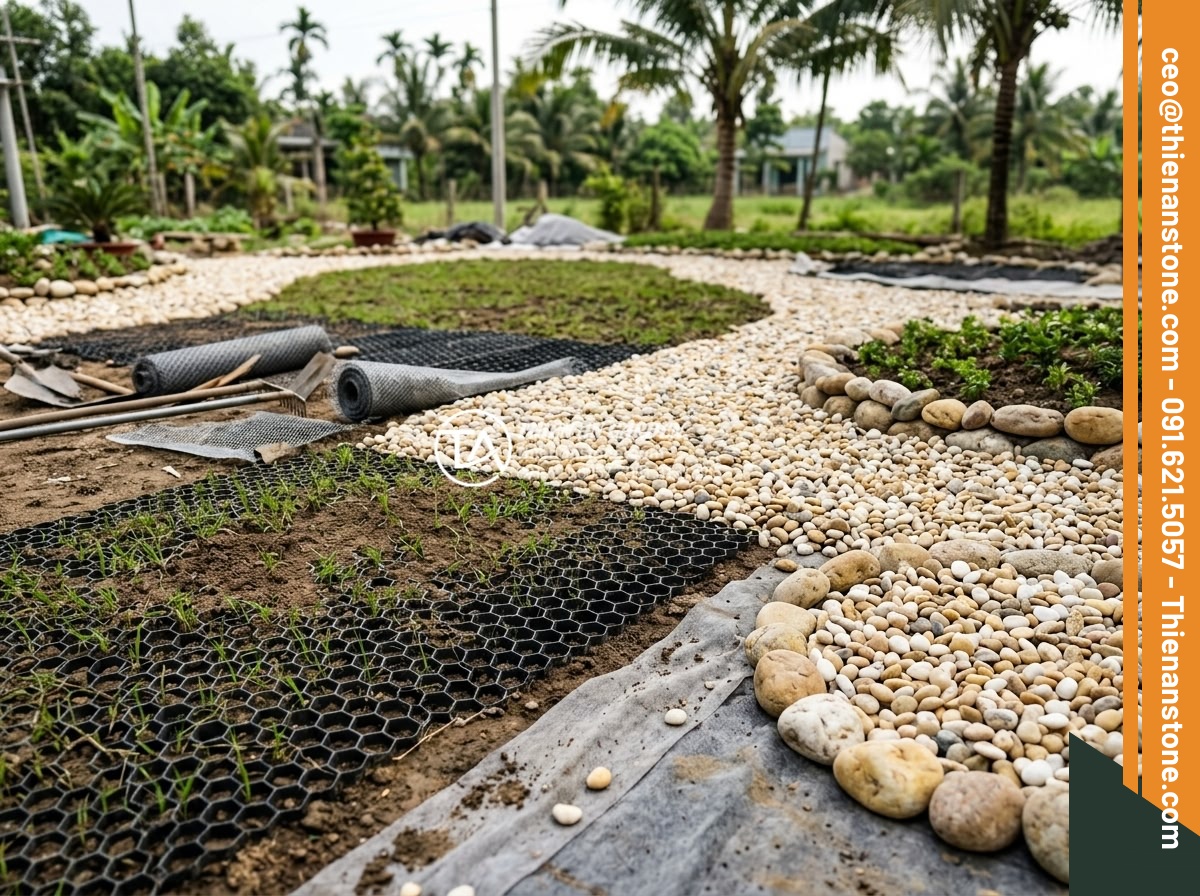 Review Các Loại Lưới Chắn Cỏ Khi Thi Công Sỏi Sân Vườn - Professional installation of popular grass barrier mesh types in a large-scale g