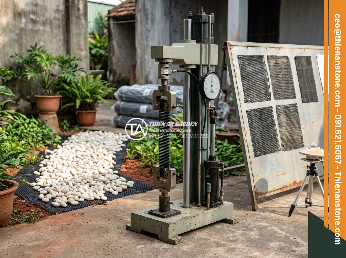 Review Các Loại Lưới Chắn Cỏ Khi Thi Công Sỏi Sân Vườn - Quality testing process of grass blocking net material including UV resistance a