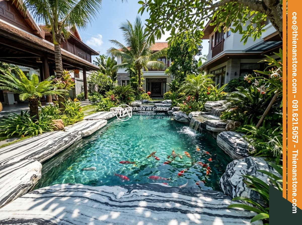 So Sánh Đá Hoa Cương & Đá Cuội Làm Hồ Cá Koi – Nên Chọn Đá Gì? - Wide angle professional photograph of a stunning modern Koi fish pond in a Vietn