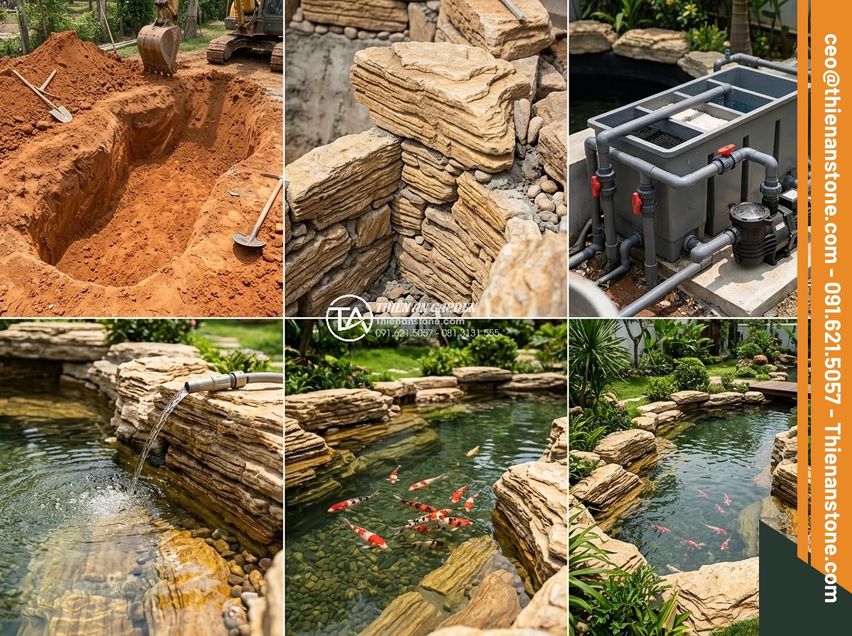 So Sánh Đá Hoa Cương & Đá Cuội Làm Hồ Cá Koi – Nên Chọn Đá Gì? - Step-by-step construction process collage of professional Koi pond building with