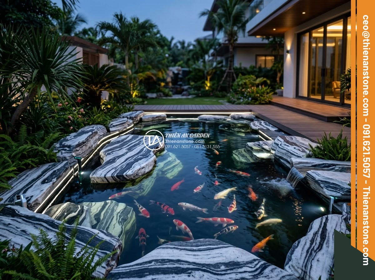 So Sánh Đá Hoa Cương & Đá Cuội Làm Hồ Cá Koi – Nên Chọn Đá Gì? - Futuristic high-tech Koi pond design concept rendering featuring premium granite