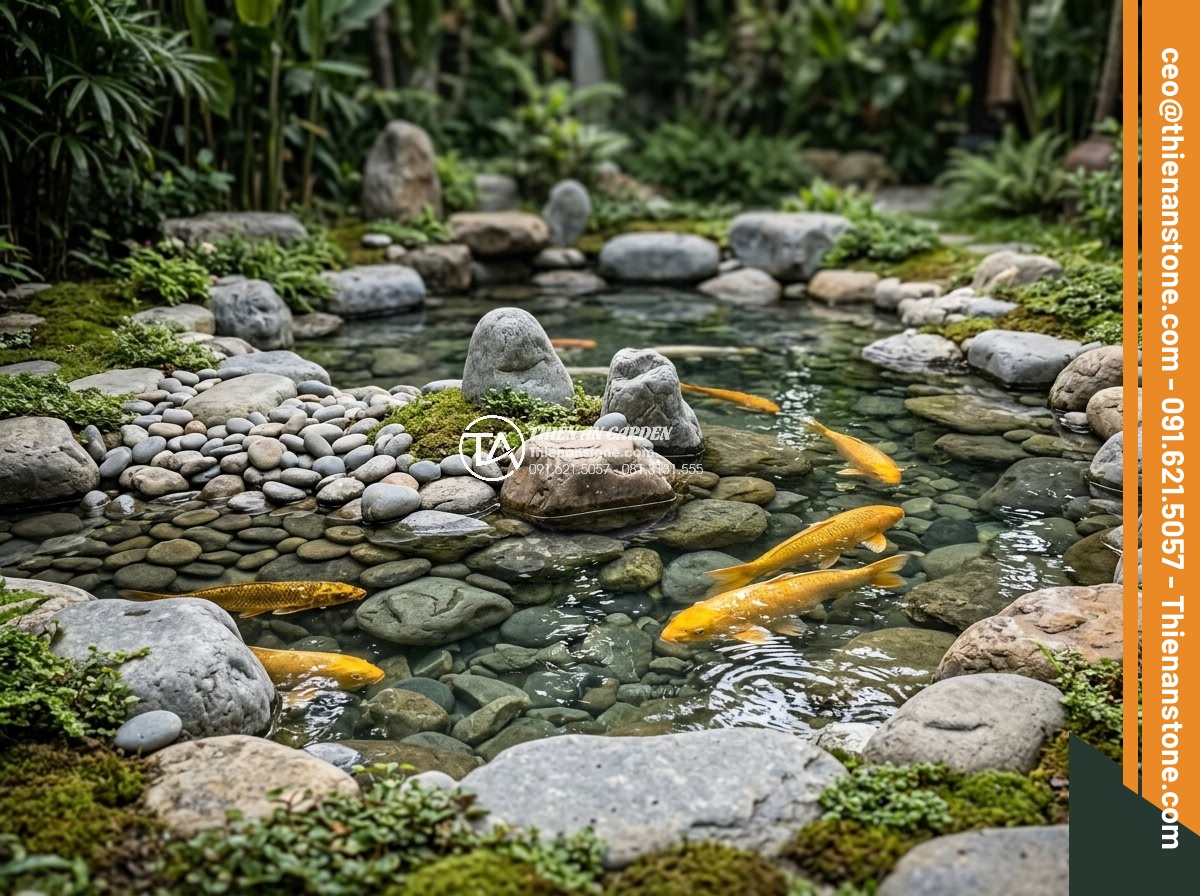 So Sánh Đá Hoa Cương & Đá Cuội Làm Hồ Cá Koi – Nên Chọn Đá Gì? - Beautiful natural river pebble stones arranged artistically in a traditional Jap