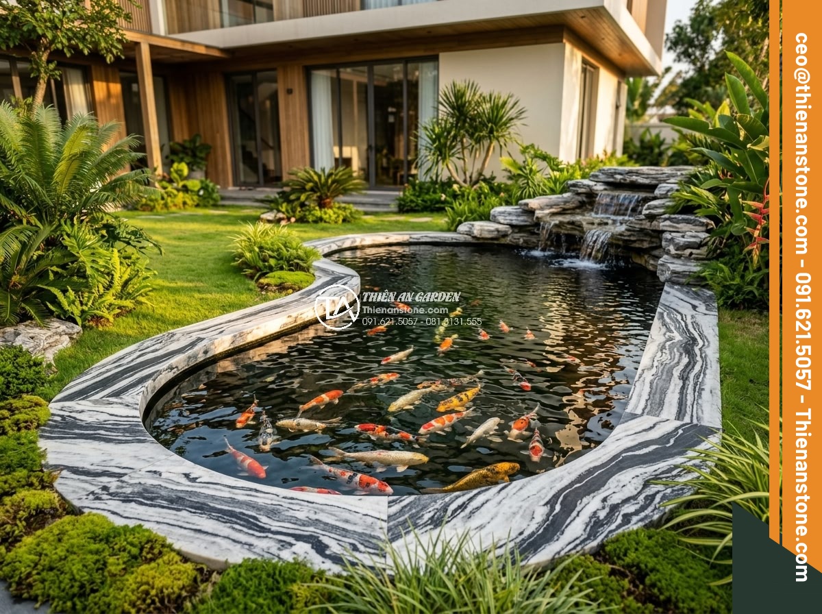 So Sánh Đá Hoa Cương & Đá Cuội Làm Hồ Cá Koi – Nên Chọn Đá Gì? - Luxurious Koi pond built with custom-cut granite stones featuring elegant curved