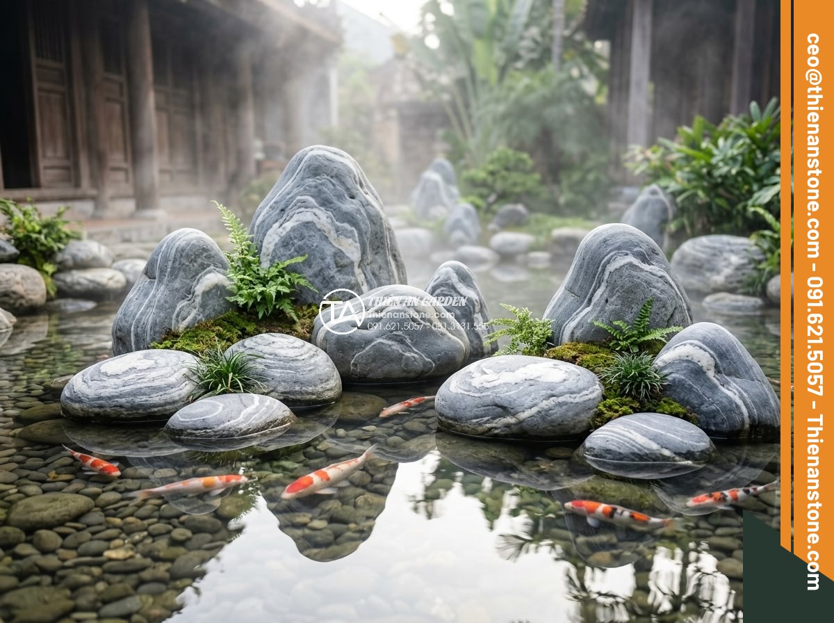 So Sánh Đá Hoa Cương & Đá Cuội Làm Hồ Cá Koi – Nên Chọn Đá Gì? - Traditional Iwagumi style Koi pond using carefully selected smooth river pebbles