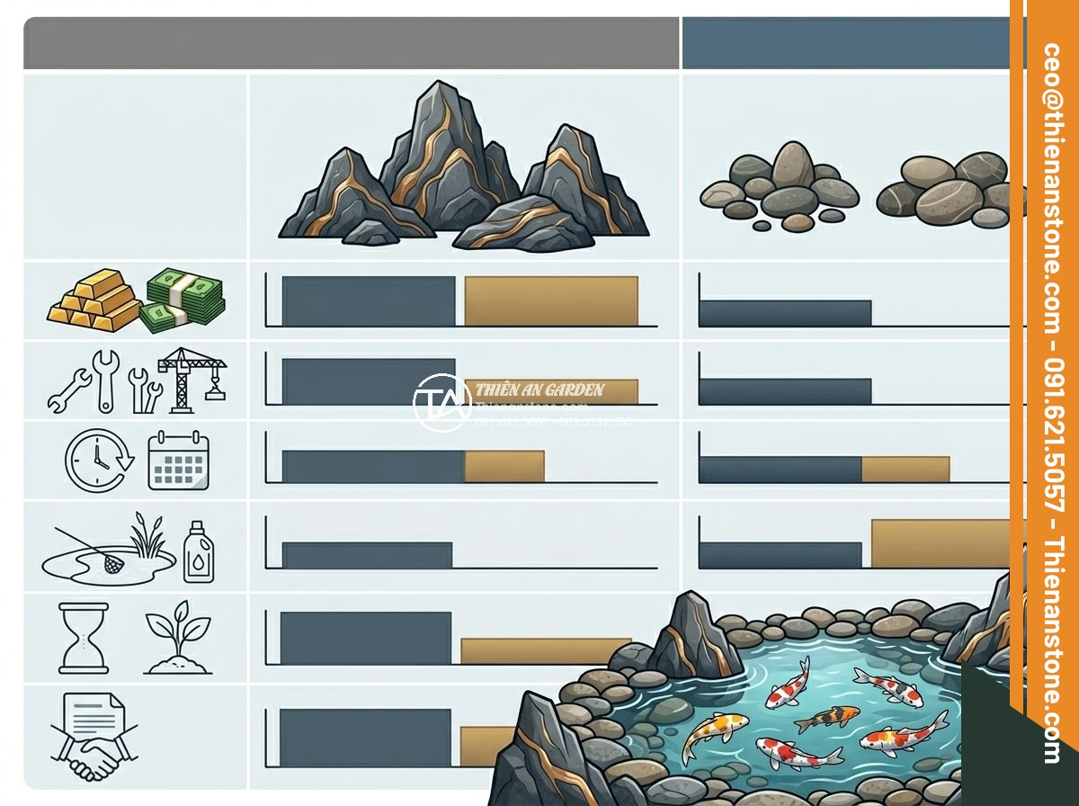 So Sánh Đá Hoa Cương & Đá Cuội Làm Hồ Cá Koi – Nên Chọn Đá Gì? - Professional infographic style image of cost comparison chart between granite an