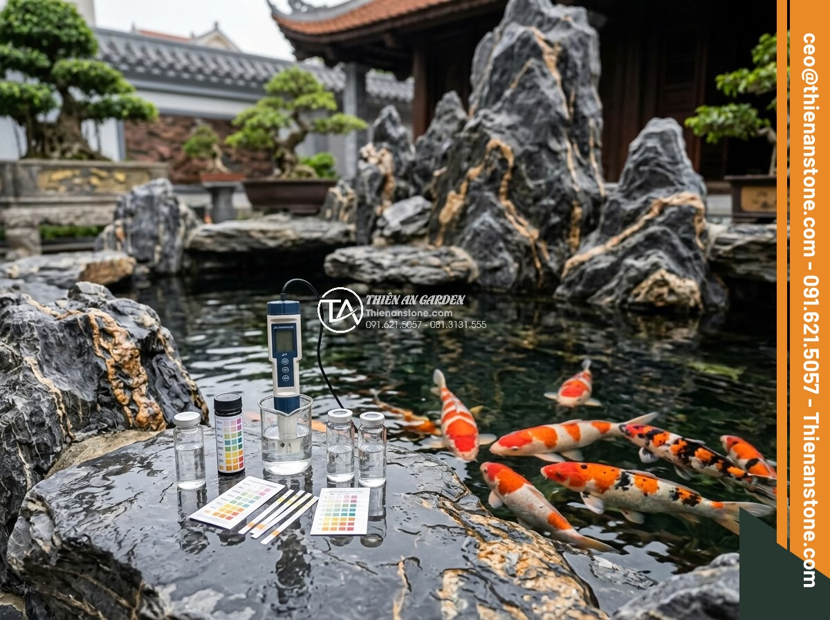 So Sánh Đá Hoa Cương & Đá Cuội Làm Hồ Cá Koi – Nên Chọn Đá Gì? - Detailed technical photograph of water quality testing in a Koi pond with granit
