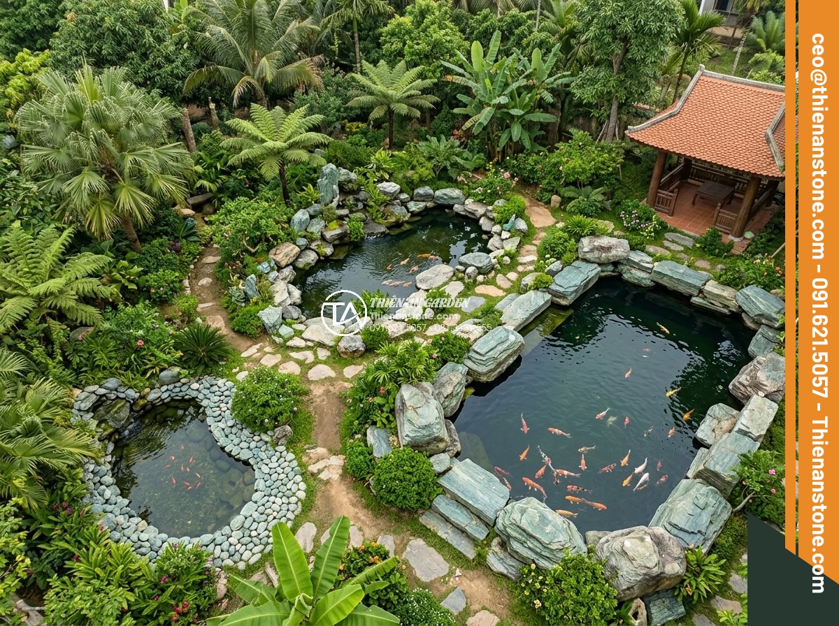 So Sánh Đá Hoa Cương & Đá Cuội Làm Hồ Cá Koi – Nên Chọn Đá Gì? - Aerial view professional photograph of three different Koi pond designs in one g
