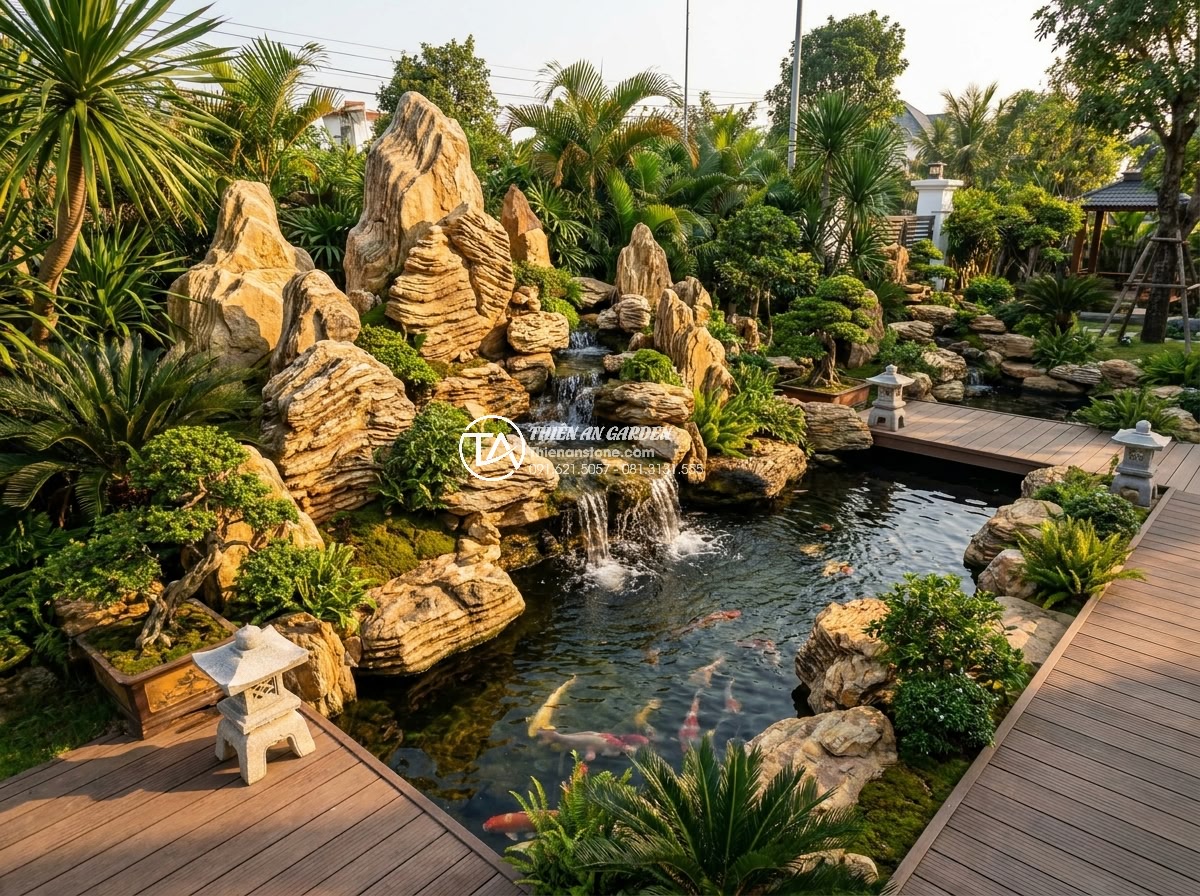 So Sánh Non Bộ Đá Tai Mèo Và Đá Thấm Thủy: Ưu Nhược Điểm - Wide angle professional photograph of a modern Vietnamese luxury villa garden fe