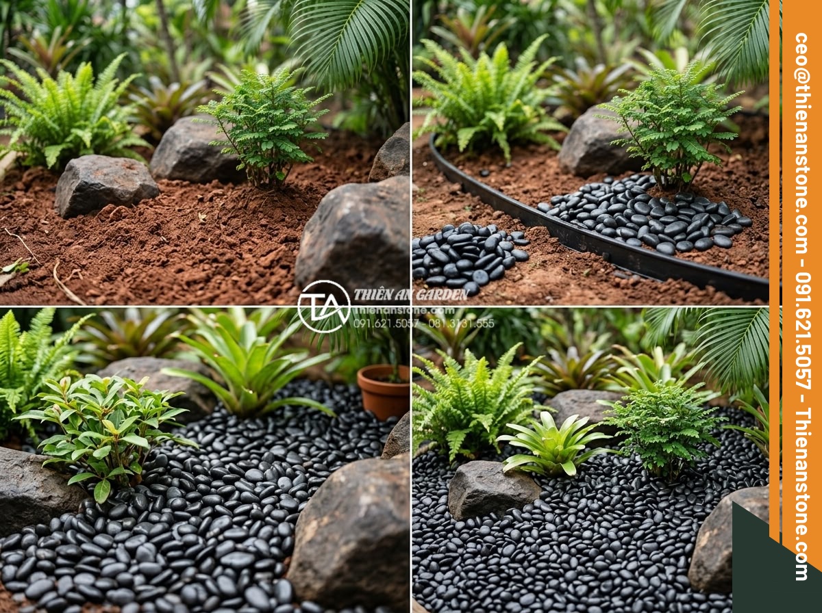 Sỏi Biển Trang Trí: Ưu Điểm Và Ứng Dụng Trong Tiểu Cảnh - Hình 11 Sỏi Biển Trang Trí: Ưu Điểm Và Ứng Dụng Trong Tiểu Cảnh - Step-by-step garden decoration using sea pebbles around plants and rocks, profes
