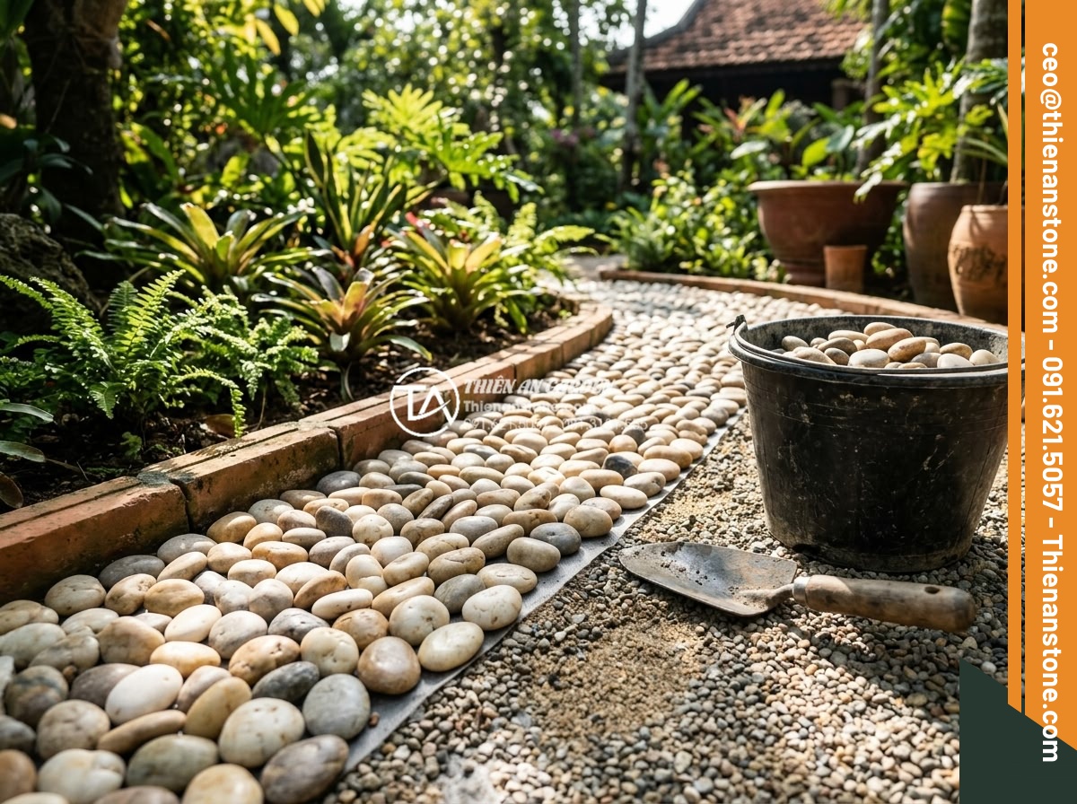 Sỏi Biển Trang Trí: Ưu Điểm Và Ứng Dụng Trong Tiểu Cảnh - Hình 14 Sỏi Biển Trang Trí: Ưu Điểm Và Ứng Dụng Trong Tiểu Cảnh - Careful installation process of sea pebbles in a backyard garden project, worker