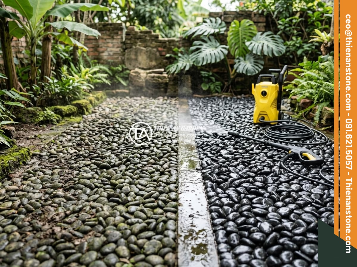 Sỏi Biển Trang Trí: Ưu Điểm Và Ứng Dụng Trong Tiểu Cảnh - Hình 17 Sỏi Biển Trang Trí: Ưu Điểm Và Ứng Dụng Trong Tiểu Cảnh - Maintenance process of cleaning sea pebbles in a garden setting with pressure wa