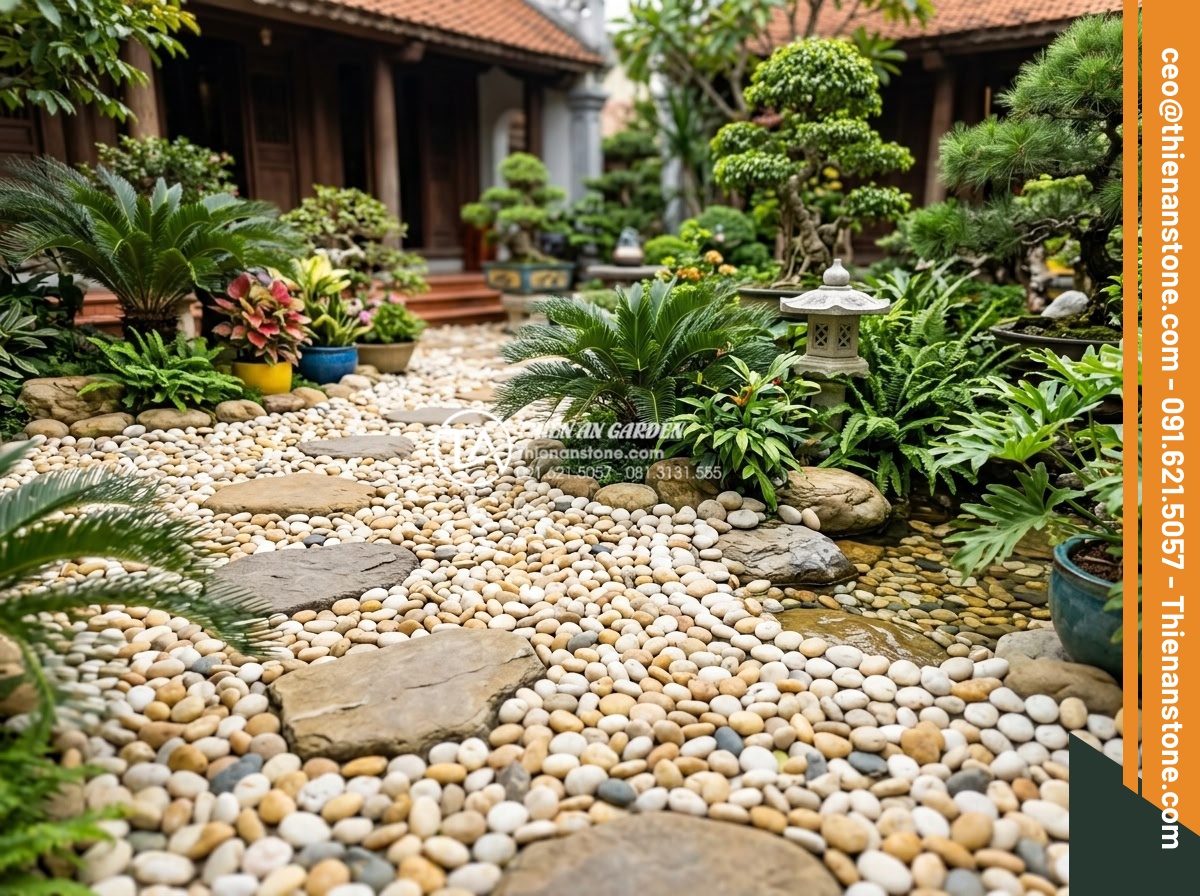 Sỏi Biển Trang Trí: Ưu Điểm Và Ứng Dụng Trong Tiểu Cảnh - Hình 18 Sỏi Biển Trang Trí: Ưu Điểm Và Ứng Dụng Trong Tiểu Cảnh - Long-term beautiful maintained sea pebble garden landscape after years of use, v