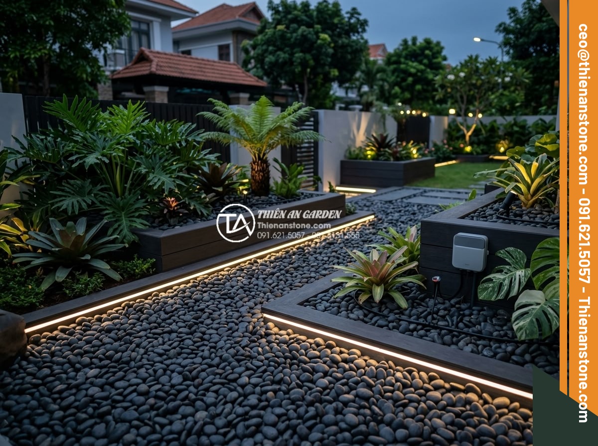 Sỏi Biển Trang Trí: Ưu Điểm Và Ứng Dụng Trong Tiểu Cảnh - Hình 19 Sỏi Biển Trang Trí: Ưu Điểm Và Ứng Dụng Trong Tiểu Cảnh - Futuristic modern garden design incorporating sea pebbles with LED lighting and
