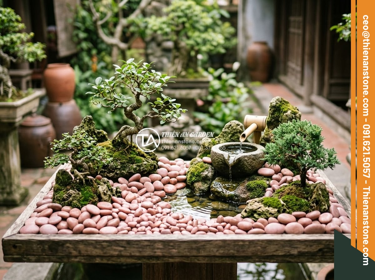 Sỏi Biển Trang Trí: Ưu Điểm Và Ứng Dụng Trong Tiểu Cảnh - Hình 2 Sỏi Biển Trang Trí: Ưu Điểm Và Ứng Dụng Trong Tiểu Cảnh - Natural sea gravel pebbles scattered around a miniature rock garden landscape wi
