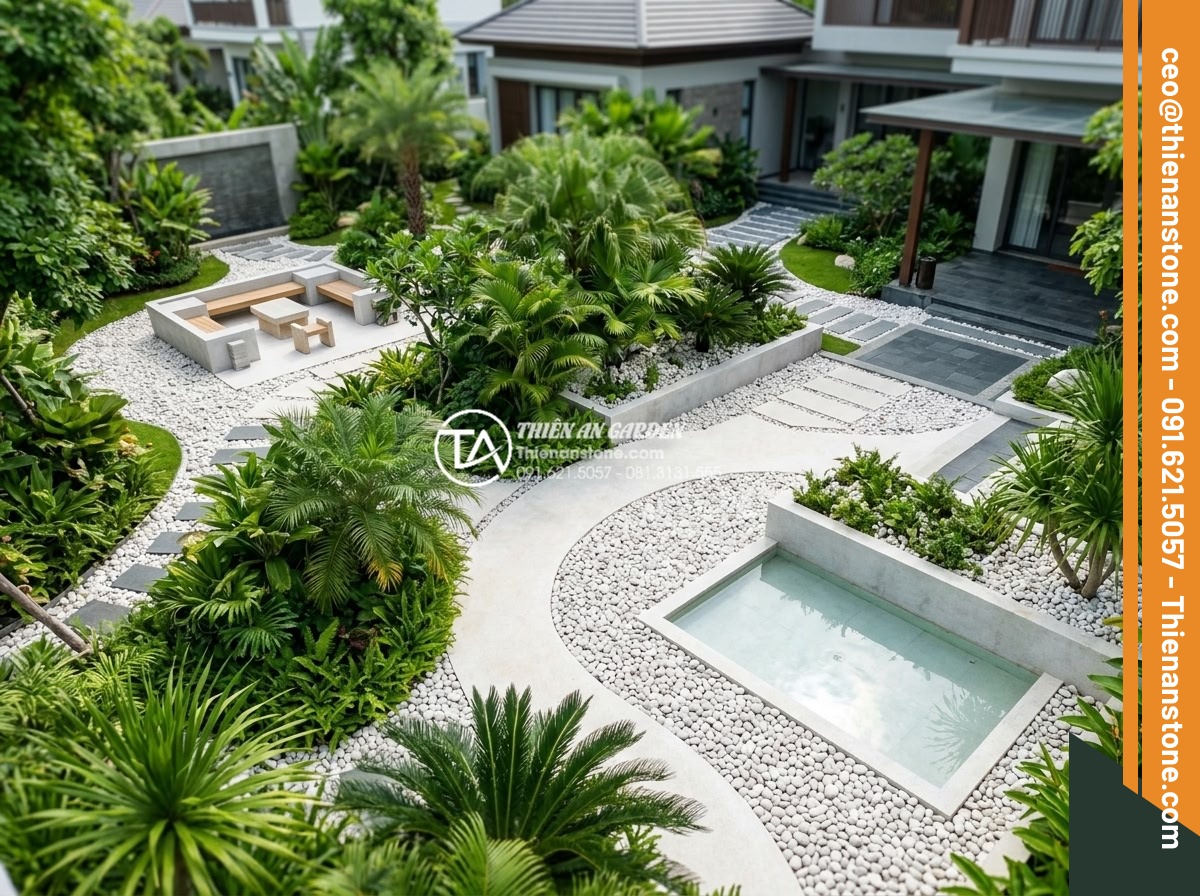 Sỏi Biển Trang Trí: Ưu Điểm Và Ứng Dụng Trong Tiểu Cảnh - Hình 20 Sỏi Biển Trang Trí: Ưu Điểm Và Ứng Dụng Trong Tiểu Cảnh - Trendy sea pebble decoration in contemporary villa garden, aerial view showing i