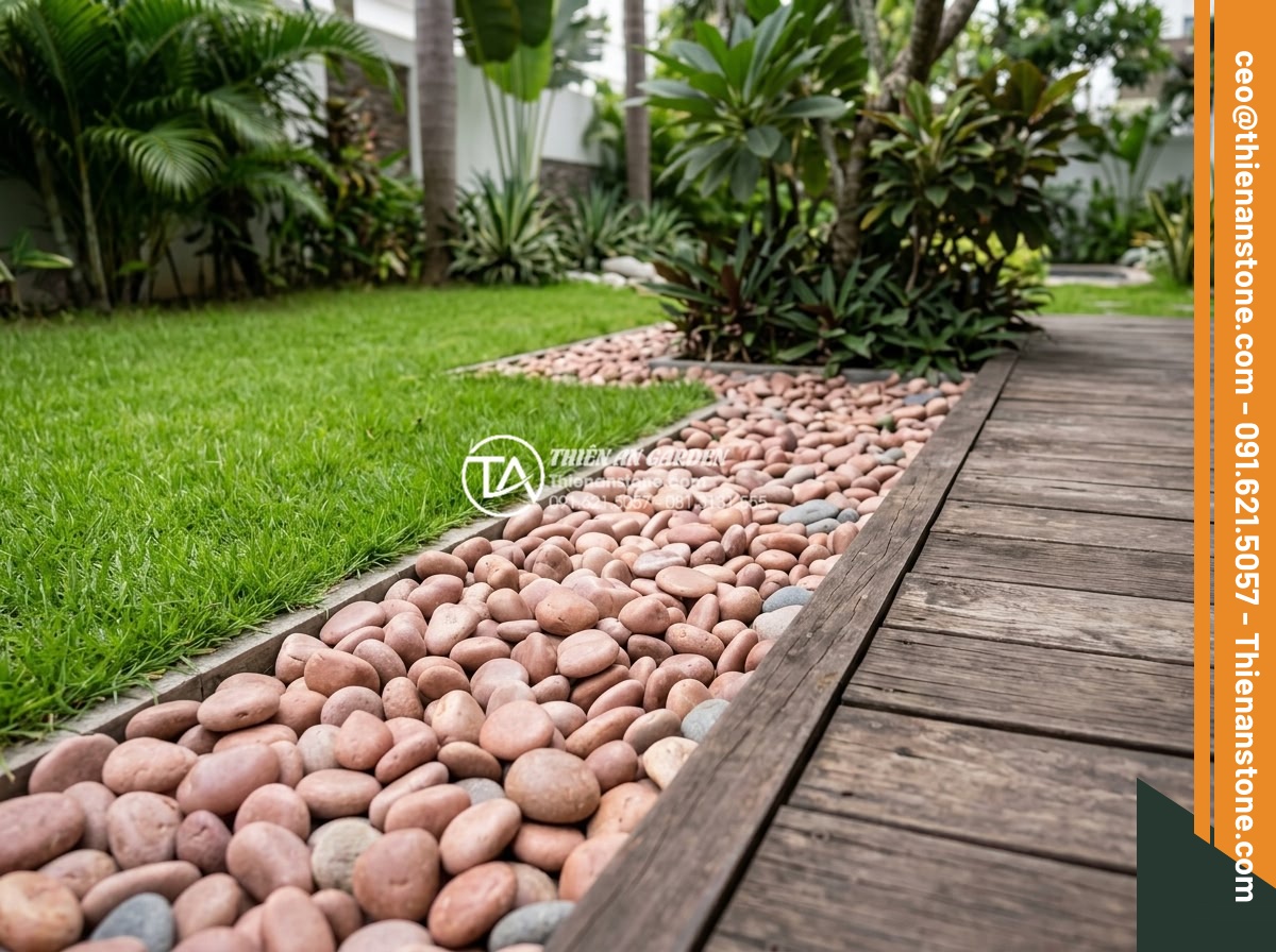 Sỏi Biển Trang Trí: Ưu Điểm Và Ứng Dụng Trong Tiểu Cảnh - Hình 4 Sỏi Biển Trang Trí: Ưu Điểm Và Ứng Dụng Trong Tiểu Cảnh - High-quality sea pebbles used in modern garden decoration, mixed with white and